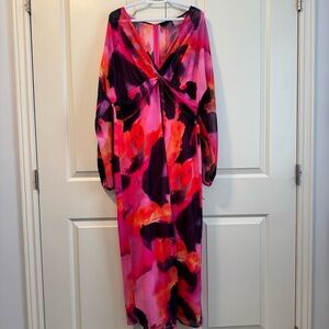 ASOS Curve Pink Orange Long Sleeve Maxi Dress Sheer Skirt Underlay PLUS Sz 14